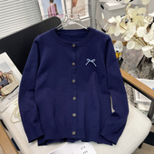 外套女早春新款 胡子叔大码 圆领针织开衫 胖mm复古学院风藏蓝色毛衣