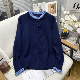 花边领复古针织毛衣开衫 秋冬新款 女胖mm软糯简约显瘦上衣 女装 大码