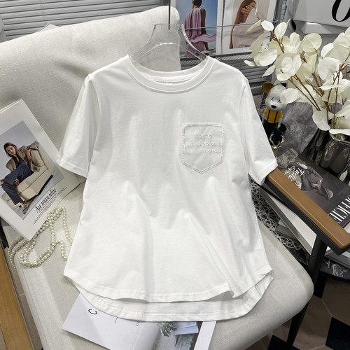 大码女正肩蕾丝口袋拼接短袖T恤