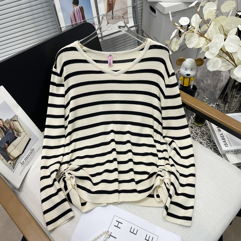 胡子叔大码胖mmV领正肩条纹针织