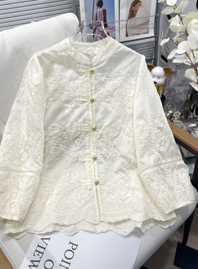 胡子叔大码女装夏季新款漂亮重工刺绣小衫白色新中式七分袖衬衫女