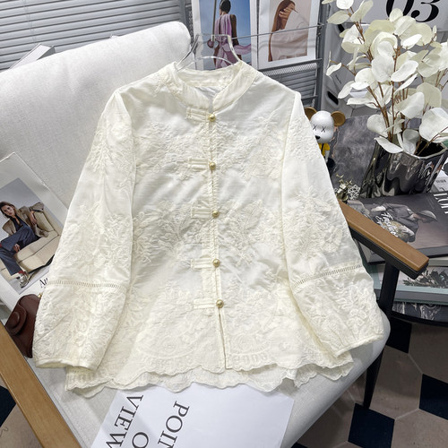 胡子叔大码女装夏季新款漂亮重工刺绣小衫白色新中式七分袖衬衫女