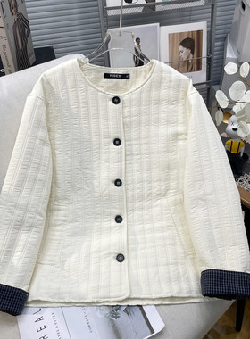 大码女装拼接格子棉服白色棉衣