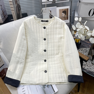 新拼接格子棉服白色棉衣胖mm宽松夹棉外套棉袄 冬季 胡子叔大码 女装