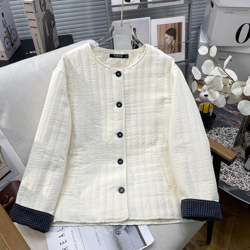 大码女装拼接格子棉服白色棉衣