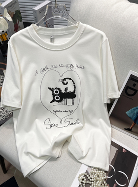 胡子叔大码女装白色印花短袖圆领T恤女夏季胖mm休闲百搭体恤上衣