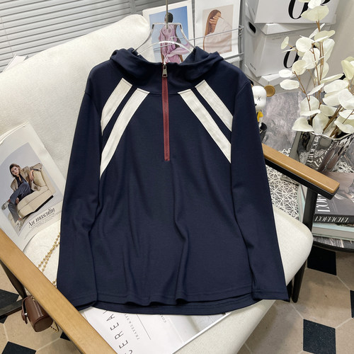 大码女装秋季连帽插肩袖拼色卫衣