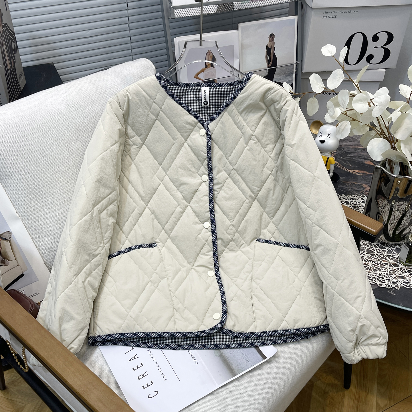 大码女装秋冬新韩系格子棉衣外套