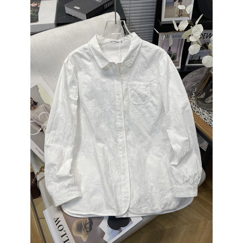 大码女装刺绣提花纯棉长袖衬衫