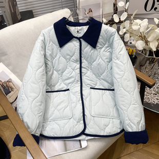 新款 冬季 学院风蓝色棉服女胖mm撞色翻领菱格棉衣潮 女装 胡子叔大码