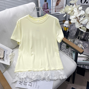 胡子叔大码女装2025夏季新款蕾丝拼接短袖T恤女纯欲bm风内搭上衣