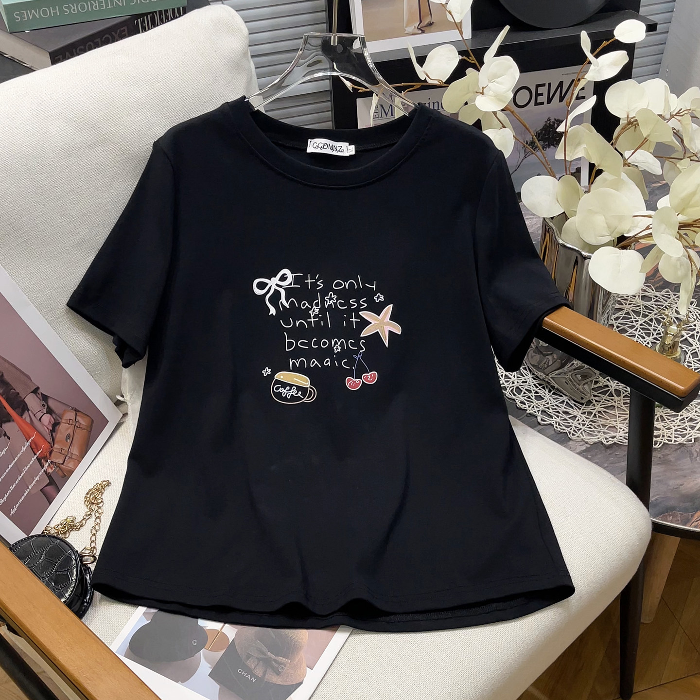 设计感正肩短袖T恤女夏季新款大码胖mm时尚百搭上衣印花打底体恤