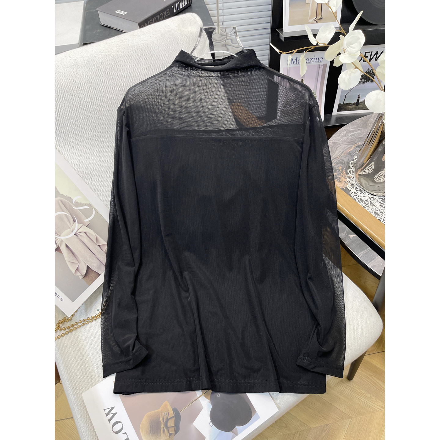 胡子叔大码女装春季新款黑色网纱半高领打底衫女胖mm内搭性感小衫