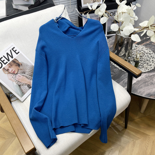 女装 胖mm节约时尚 春季 v领连帽蓝色针织衫 洋气上衣 新款 胡子叔大码