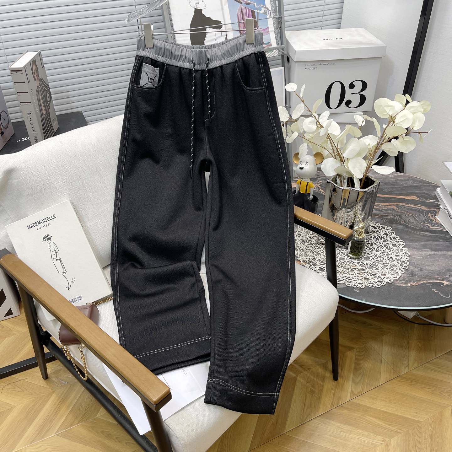 大码女法式街头风刺绣撞色加绒裤