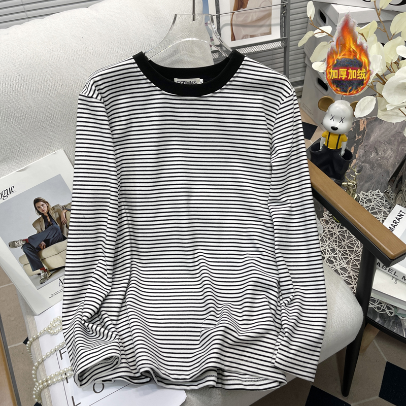 大码女装胖mm条纹磨毛打底衫T恤