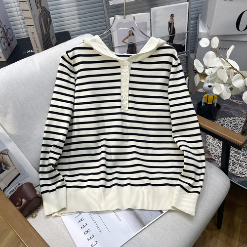 大码女装韩版连帽条纹长袖针织衫