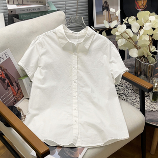 大码白色短袖衬衫女胖mm2026夏季纯棉拼接花边宽松显瘦胖妹妹衬衣