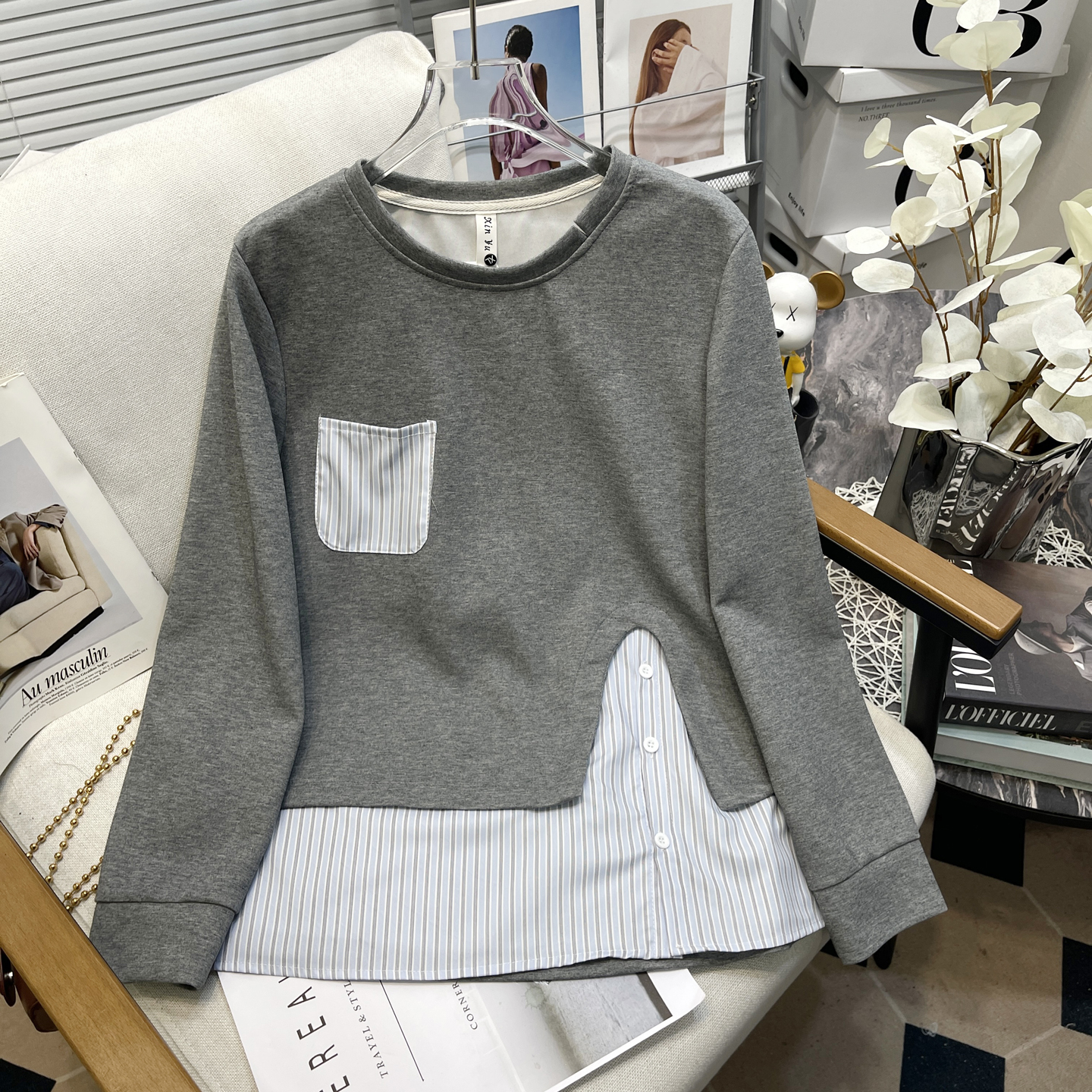 大码女装秋季条纹拼接正肩卫衣女