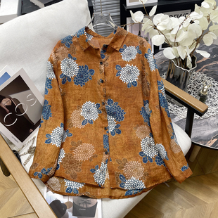胖mm休闲时尚 大码 遮肉防晒衣潮 女春夏新款 高级感洋气印花苎麻衬衫