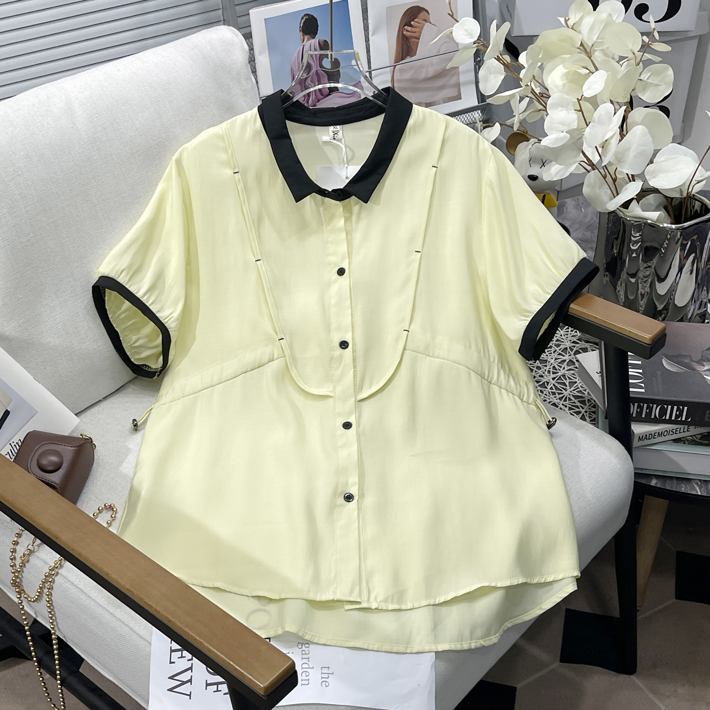 大码女装夏季新韩系撞色短袖衬衫