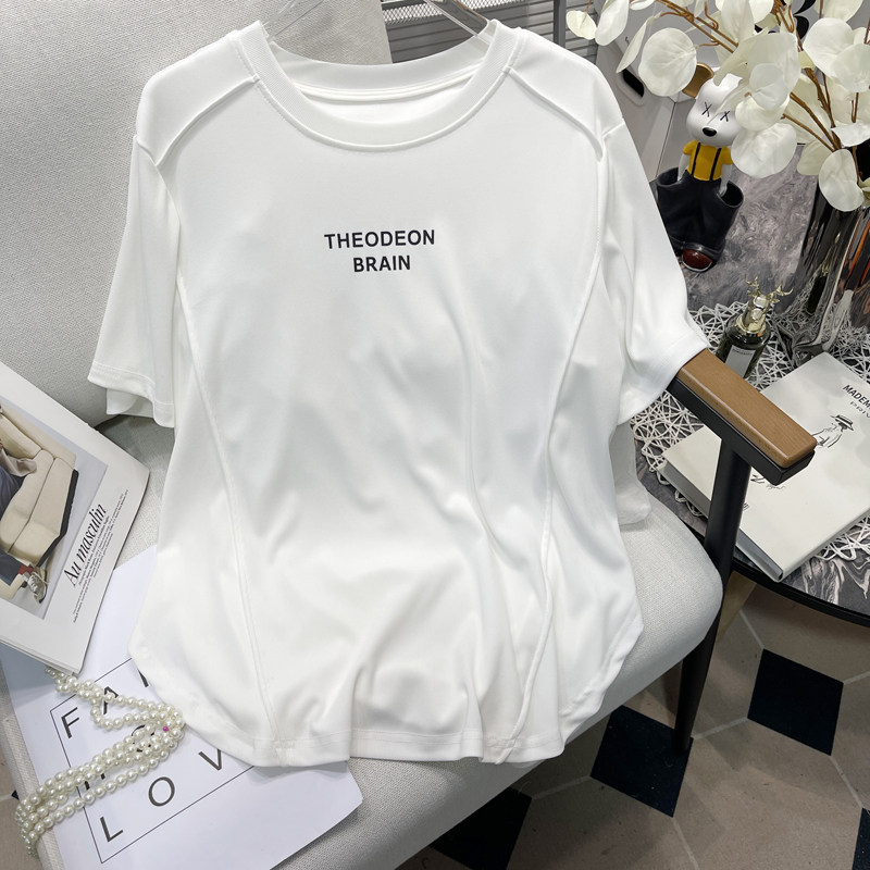 胡子叔大码鱼骨短袖T恤女胖mm正肩显瘦字母半袖弧形下摆上衣小衫