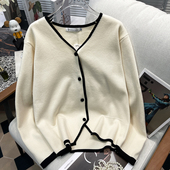 胡子叔大码 早春韩系撞色V领针织开衫 上衣胖mm宽松毛衣女外套