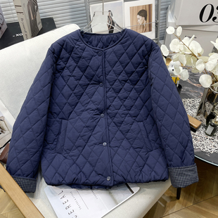 女装 复古时尚 冬季 藏青棉服女胖mm美式 拼接格子外套 新款 胡子叔大码