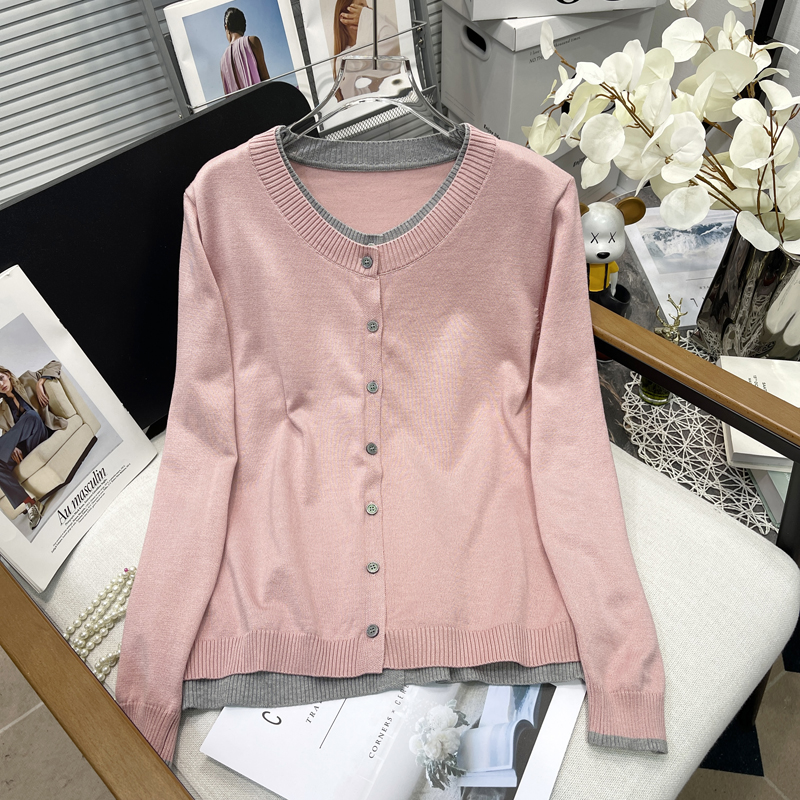 大码女装2025圆领假两件针织开衫