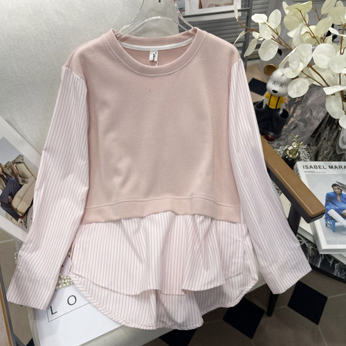 大码假两件女上衣拼接衬衫