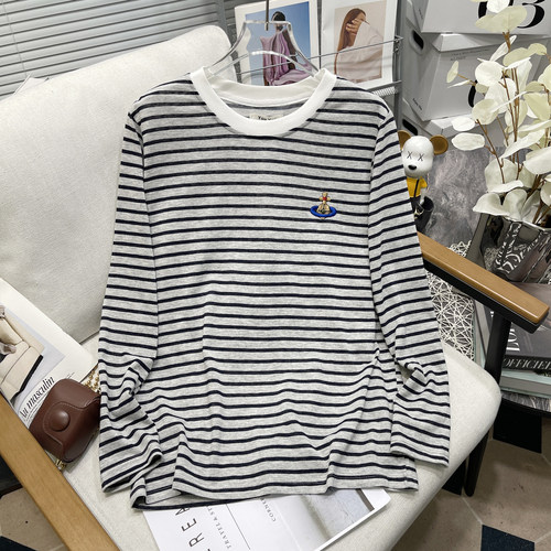 大码女薄款刺绣条纹长袖打底衫