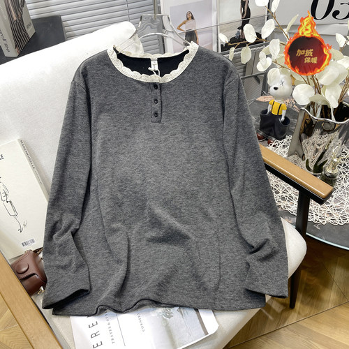 大码女装圆领蕾丝花边打底衫