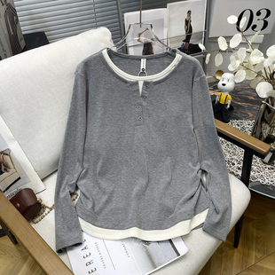 秋冬小排扣正肩假两件T恤胖mm遮肉显瘦内搭打底衫 胡子叔大码 女装