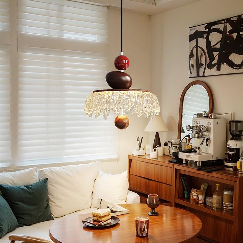 法式中古风水滴餐厅吊灯三头长盘吧台复古2025新款胡桃木色吊线灯