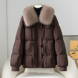 海宁羽绒服女2025冬季新款狐狸毛领可拆卸短款皮草外套白鹅绒大衣