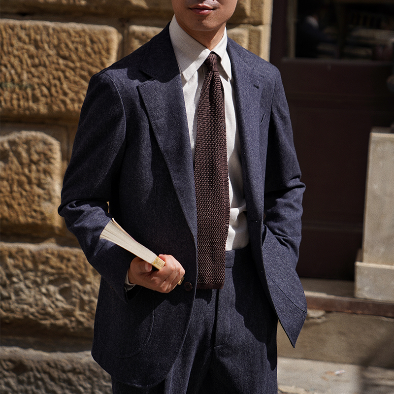 CM那不勒斯皇后Loro牛仔丹宁150支羊毛法兰绒全麻衬意式套装