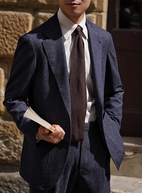 CM那不勒斯皇后Loro牛仔丹宁150支羊毛法兰绒全麻衬意式套装