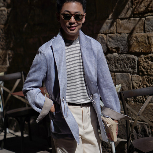 CM那不勒斯皇后淡蓝色花纱鱼骨纹亚麻Teba西班牙夹克外套219