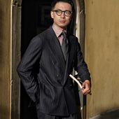 CM那不勒斯皇后意式 藏青粉笔条羊毛法兰绒戗驳领全麻衬西服套装