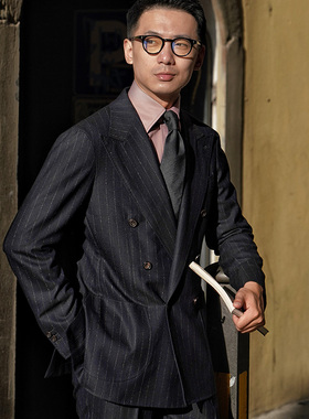 CM那不勒斯皇后意式藏青粉笔条羊毛法兰绒戗驳领全麻衬西服套装19