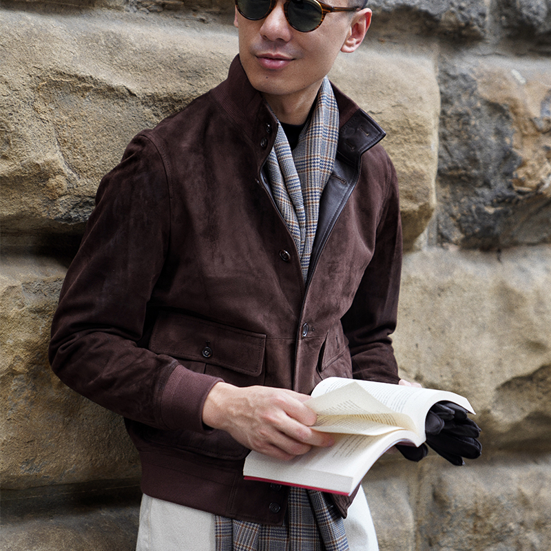 CM那不勒斯皇后棕咖色非洲头层绵羊翻绒羊皮经典A1飞行员立领夹克