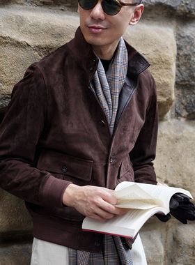 CM那不勒斯皇后棕咖色非洲头层绵羊翻绒羊皮经典A1飞行员立领夹克