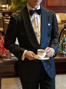 CM那不勒斯皇后黑色青果领东方扇纹图腾婚礼晚宴礼服上衣117