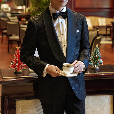 CM那不勒斯皇后黑色青果领东方扇纹图腾婚礼晚宴礼服上衣117