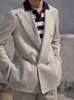 CM那不勒斯皇后经典岩色牛仔织法毛麻意式双排扣定制西服套装121