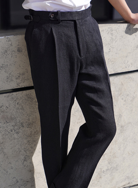 CM那不勒斯皇后经典黑色人字纹重麻中高腰西裤休闲长裤245