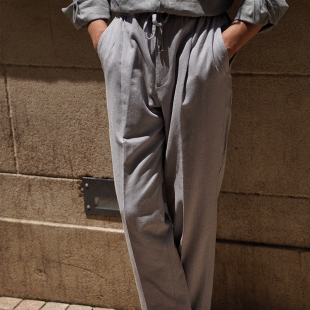 453 CM那不勒斯皇后犀牛灰蓝棉麻混纺春夏抽绳中高腰休闲西裤