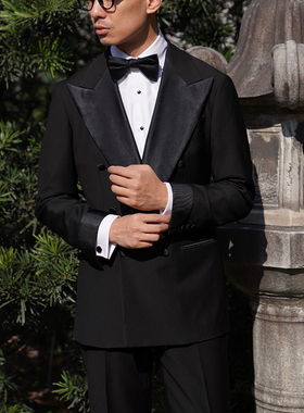 CM那不勒斯皇后优雅黑色全羊毛戗驳领双排扣晚宴礼服套装219