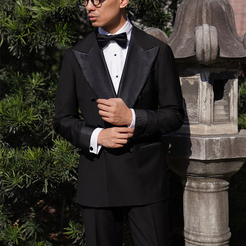 CM那不勒斯皇后优雅黑色全羊毛戗驳领双排扣晚宴礼服套装219