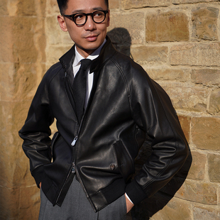 CM那不勒斯皇后优雅黑非洲头层绵羊皮经典哈灵顿飞行员夹克